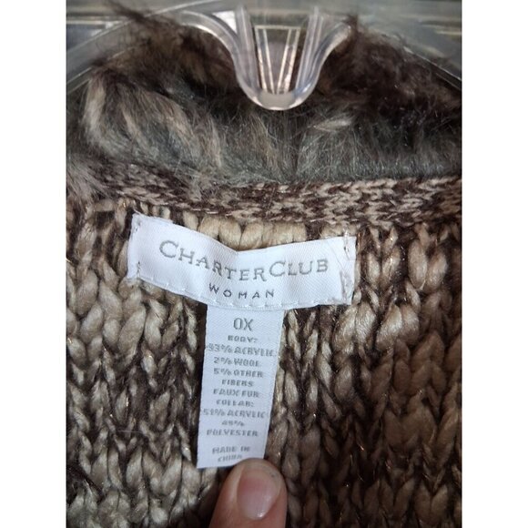 NWT Charter Club Sweater Vest Full Zip Faux Fur Winter Y2K Brown Size 0X (Large) - Picture 4 of 7
